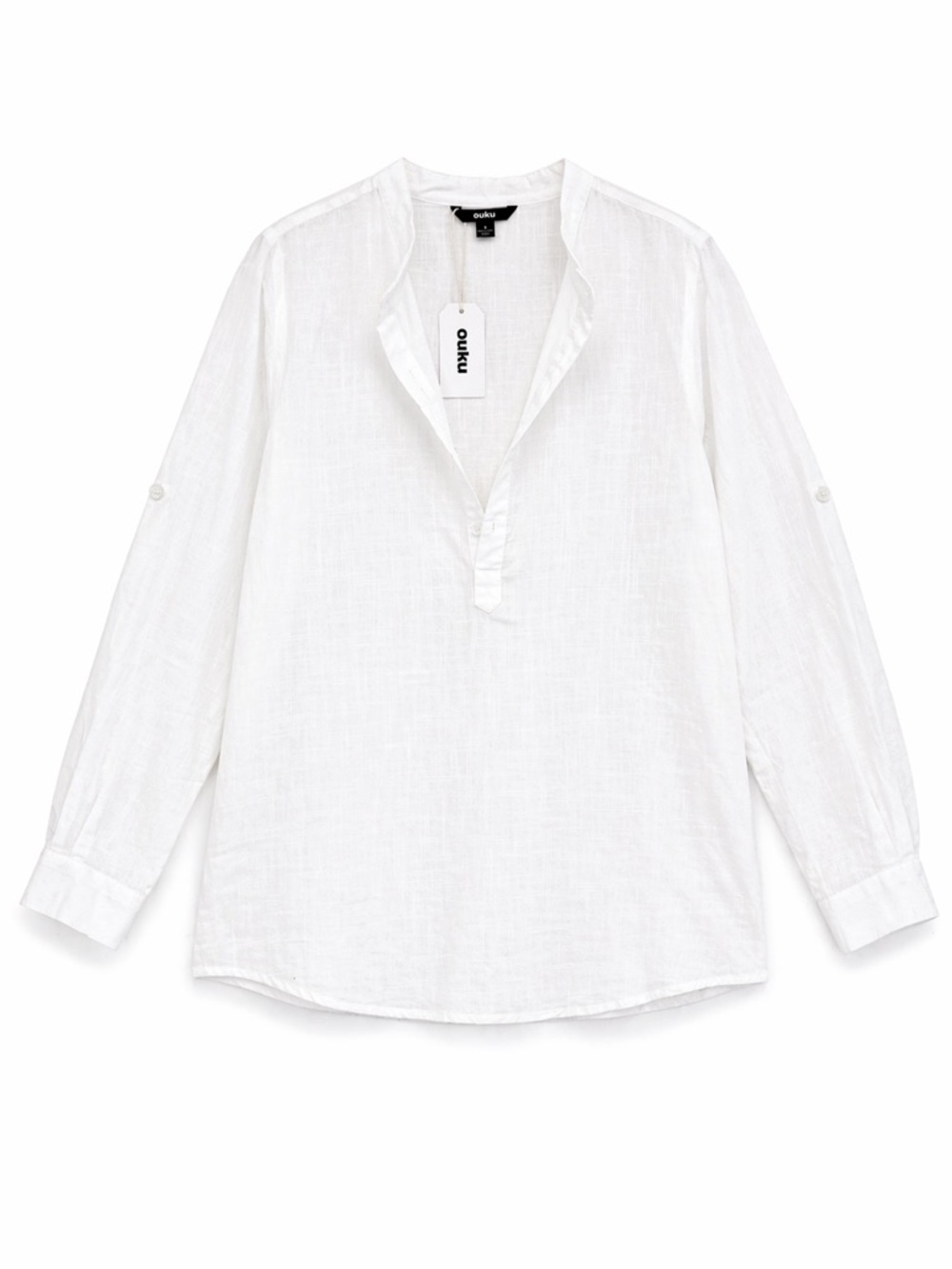 OUKU White Linen Blend Long-Sleeve Casual  Shirt. Large